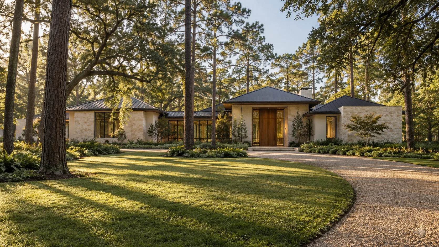 A low single-storey modern house in cream limestone and white plaster under dark standing-seam hipped roofs, with a tall wood front door, set among tall pines and live oaks behind a broad lawn and a curving gravel drive in low morning sun