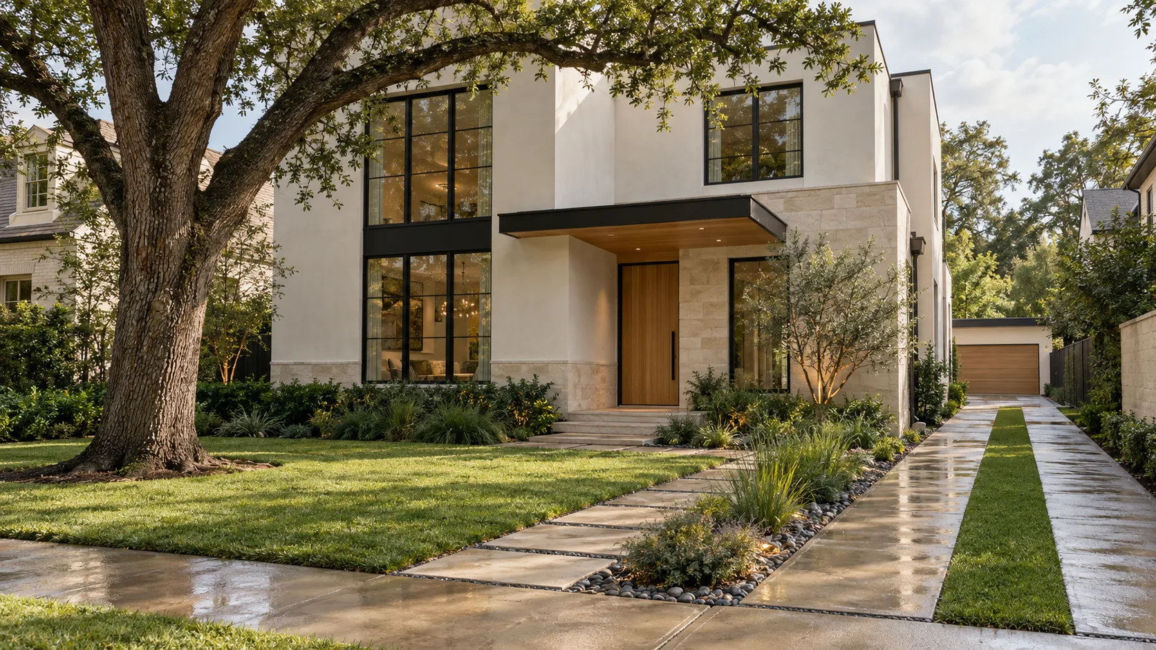 A two-storey modern house in cream plaster over a limestone base, with tall black-framed windows, a wood front door under a flat black canopy and a mature live oak arching over the lawn; a wet concrete ribbon driveway with a grass strip down the middle runs back to a detached garage, beside a stepping-stone walk with pebble joints and a planted bed of grasses and river stones