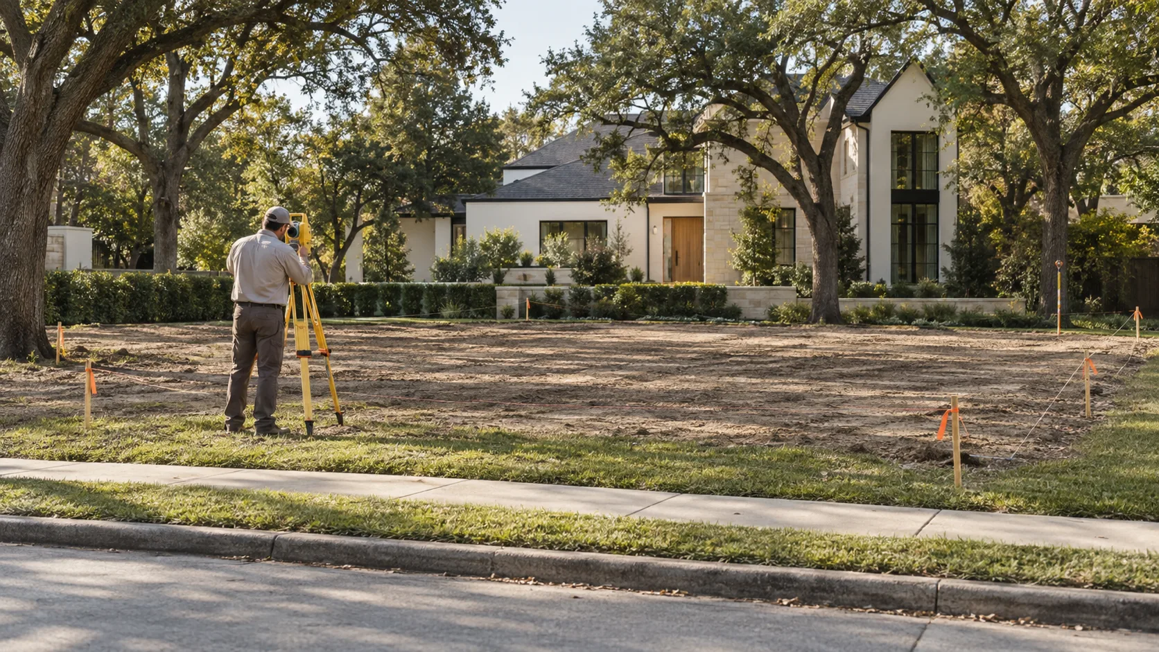 A male surveyor in a work shirt and cap sighting through a yellow total station on a tripod at the edge of a cleared lot of bare soil, its boundary marked by wooden stakes with orange flagging and thin string lines, a prism pole at the far corner, and behind it a white plaster and pale limestone house with a white oak front door and dark roof under mature live oaks