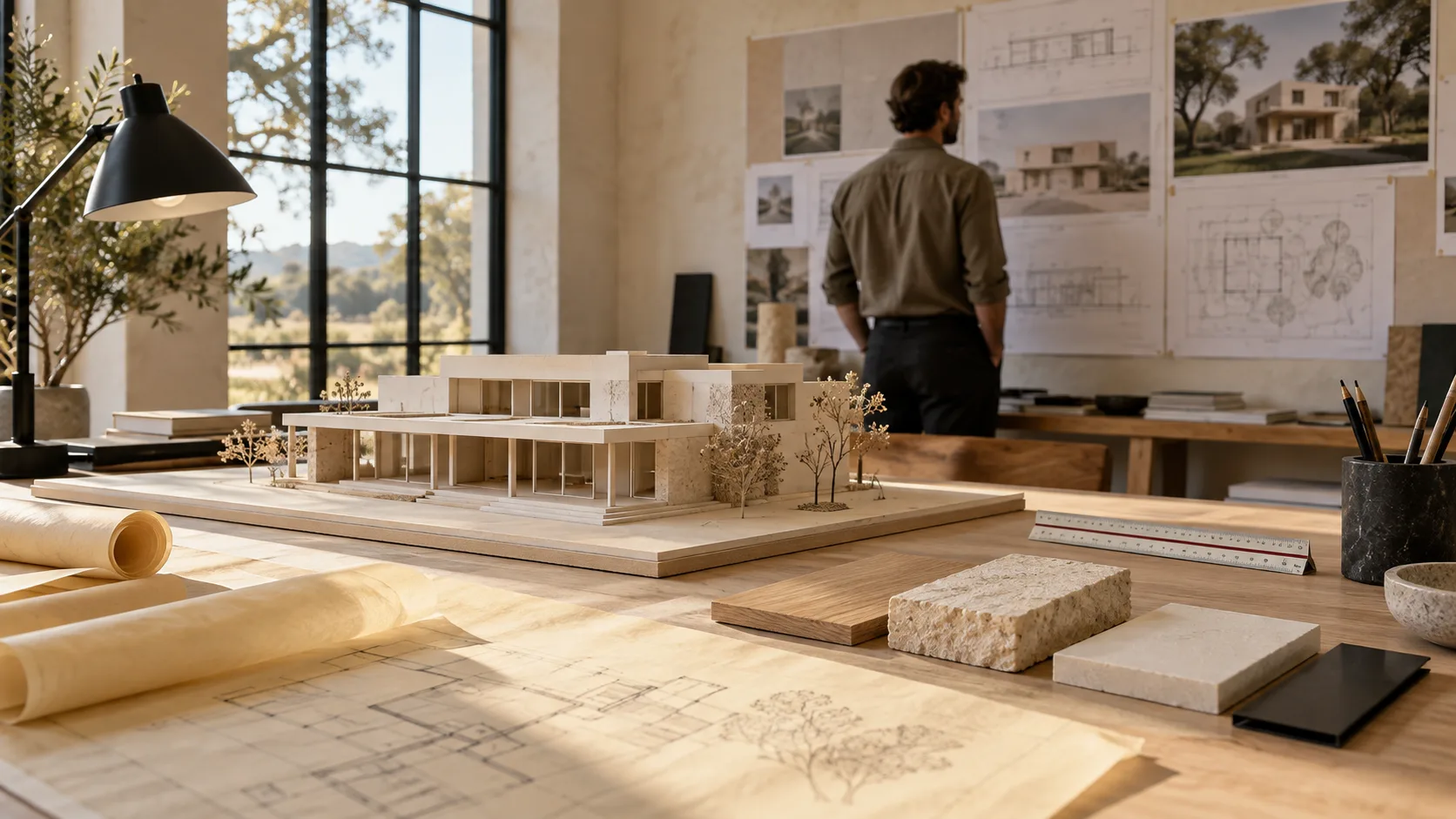 A pale stone-coloured architectural model of a flat-roofed two-storey house with a long covered porch on a white oak studio table, beside unrolled yellow tracing paper with pencil floor plans and a row of samples — white oak, rough limestone, white plaster and matte black metal — with a matte black desk lamp, a tall black-framed window onto live oaks, and one male architect studying a pin-up wall of drawings in the background